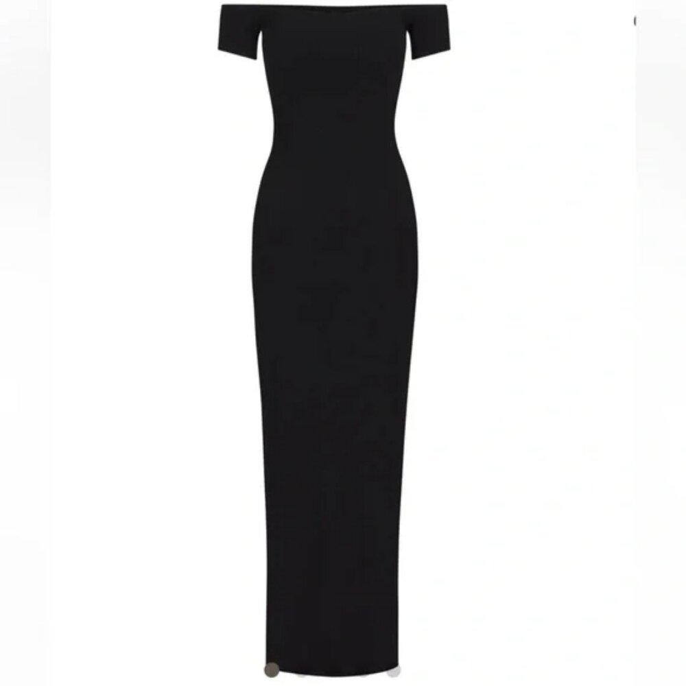 Skims Soft Lounge Ribbed Off Shoulder Black Dress S Long Maxi - Picture 4 of 6